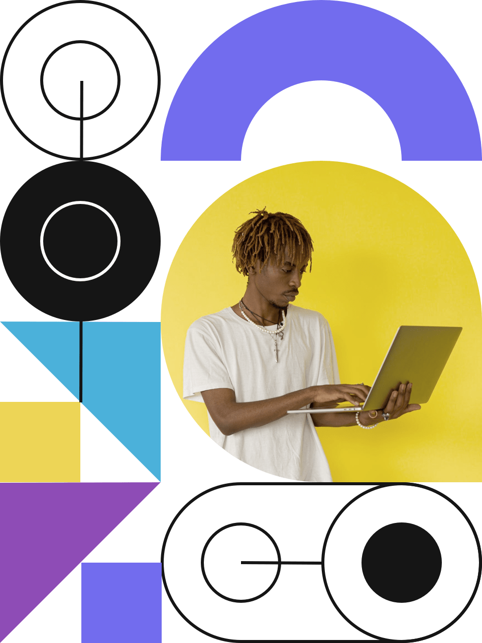 man working on computer on color background